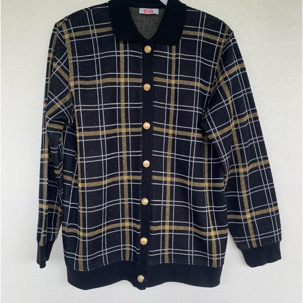 Metallic EB cardigan sweater.